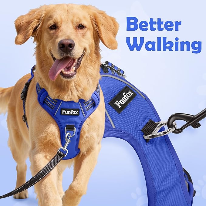 Funfox Dog Harness Medium No Pull, Adjustable 2 Clips Anti-Pull Vest with Practical Handle, Breathable Padded Pet Harness Designed for Small/Large Breeds, Reflective Training Walking Blue M