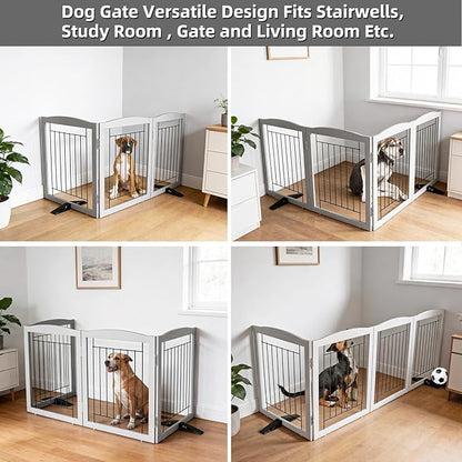 ZJSF Freestanding Dog Fence Indoor, Foldable Dog Gate for Doorways, Stairs or Hallways, Sturdy Wood Extra Wide Pet Gate with Support Feet for The House, Grey, 32 "Height-3 Panels