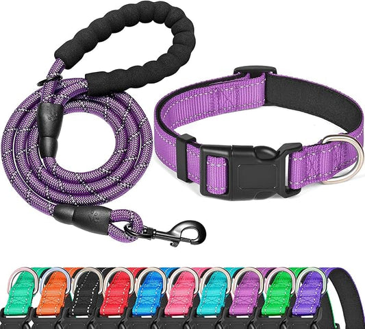 Ladoogo Reflective Dog Collar Padded with Soft Neoprene Breathable Adjustable Nylon Dog Collars for Small Medium Large Dogs (X-Small (Pack of 1), Purple Collar+Leash)