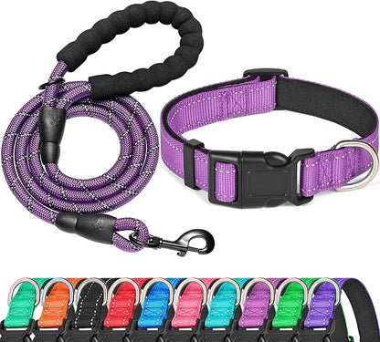 Ladoogo Reflective Dog Collar Padded with Soft Neoprene Breathable Adjustable Nylon Dog Collars for Small Medium Large Dogs (Large (Pack of 1), Purple Collar+Leash)