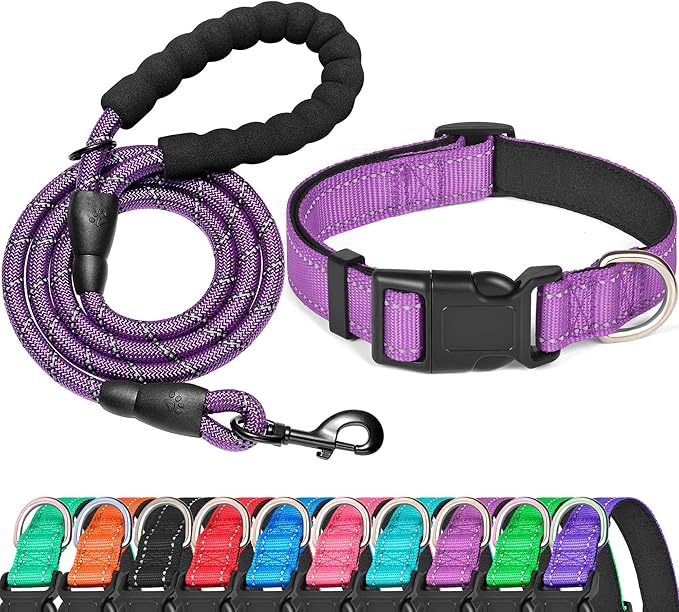Ladoogo Reflective Dog Collar Padded with Soft Neoprene Breathable Adjustable Nylon Dog Collars for Small Medium Large Dogs (Medium (Pack of 1), Purple Collar+Leash)