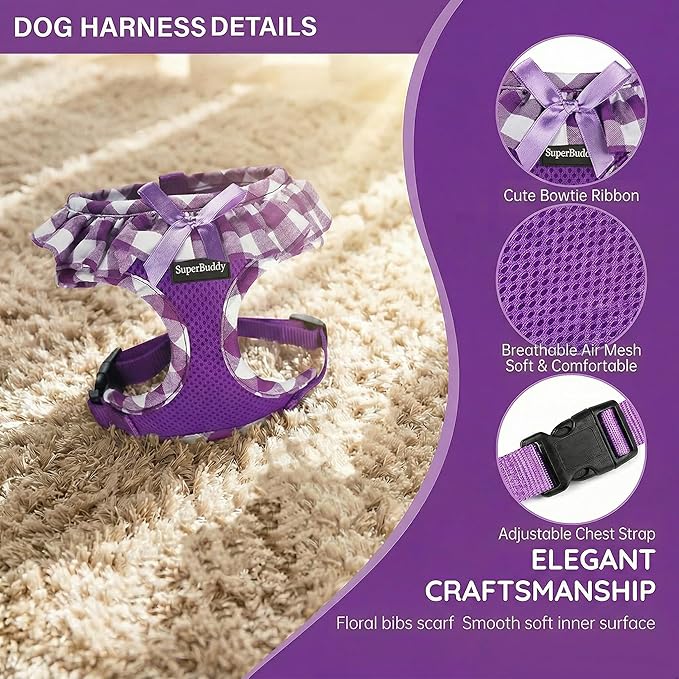 SuperBuddy Upgraded Soft Mesh Dog Harness, Super Breathable Lightweight Pet Harnesses for Puppy Dogs Outdoor Walking, Purple Dog Harness -Medium