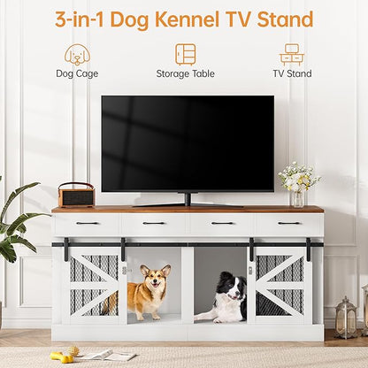 OtterOasis Extra Large Dog Crate Furniture for 2 Dogs, 71'' Dog Kennel Indoor with Removable Divider and 4 Storage Drawers, Sturdy Wooden Dog Crate TV Stand with 4 Doors for Large Medium Small Dogs