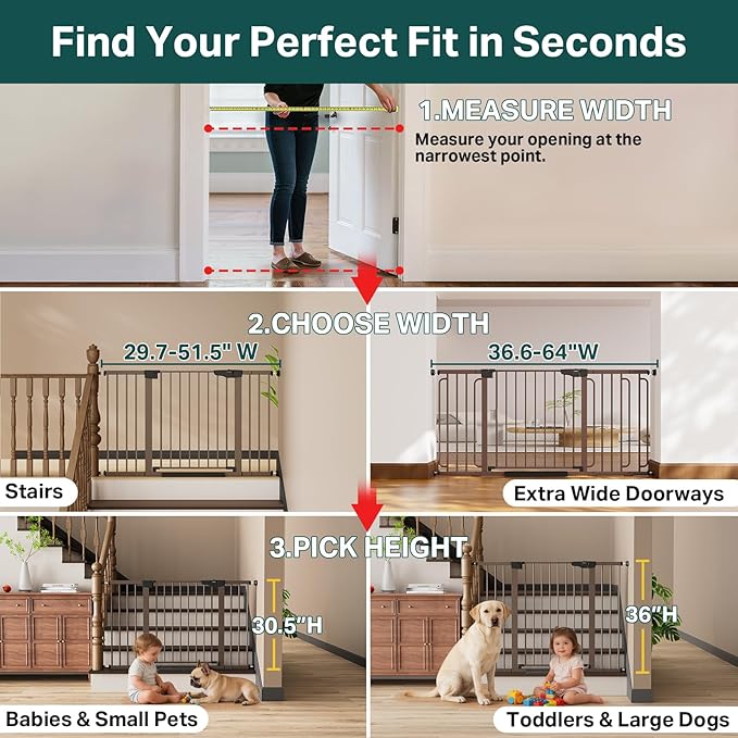 Cumbor 29.7–51.5" Extra Wide Baby Gate for Stairs, Pressure-Mounted Dog Gates for Doorways & Hallways, Auto-Close Walk-Through, No-Trip Design, Child Proof Safety, Dog/Pet Gate for Indoor Use, Brown