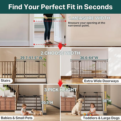 Cumbor 36.6-64" Extra Wide Baby Gate for Stairs, Dog Gates for Doorways, Auto-Close Pet Gate Indoor, Pressure Mounted Walk Through Safety Child Gate for Kids Toddler, Tall Pet Puppy Fence Gate, Brown