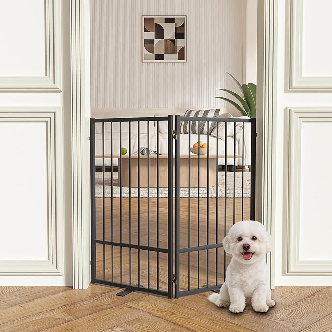 SNUOWU Full Metal Freestanding Dog Gate with Door, 36''Height Foldable Pet Dog Fence for Indoor & Outdoor, 2 Panels Extra Wide Free Standing TallDog Gates for Doorways,House,Stairs,Porch,Deck,Yard
