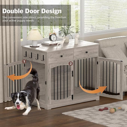 Kucreiheat 40'' Wooden Dog Crate Furniture–Farmhouse Dog Kenel-Multi Purpose Pet House with Double Doors, 2 Drawers, for Small, Medium & Large Dogs–Rustic Grey Finish