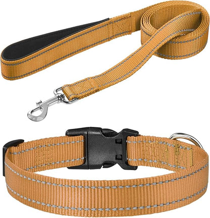 FunTags Dog Leash Bundle with 1.0"x 16"-24" Dog Collar,6FT Reflective Nylon Dog Leashes with Nylon Dog Collar for Large Dogs,Khaki