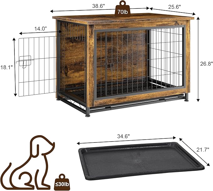 JY QAQA Dog Crate Furniture, Wooden Dogs Crate Table, Double-Doors Dog Furniture, Indoor Dog Kennel, Dog House, Dog Cage/Brown/L
