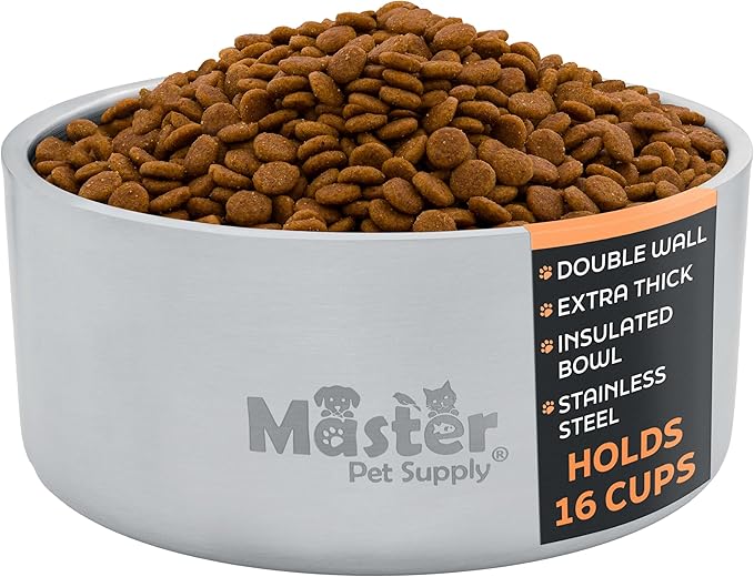 Master Pet Supply Stainless Steel Dog Bowls - 128 oz, Heavy Duty - Stainless Steel, Double Wall Extra-Thick Insulated, Non-Slip Pet Water Bowl for Dogs, Cats & Pets, Anti Rust Metal, Dish Washer Safe