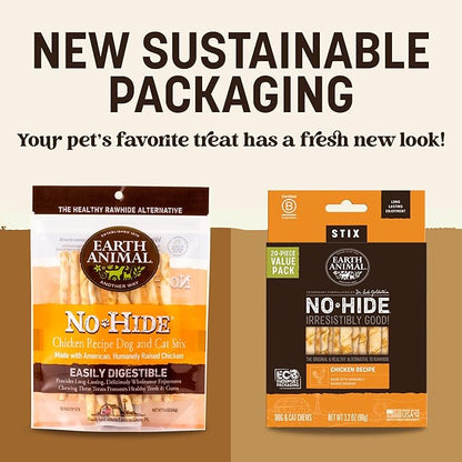 Earth Animal No Hide Stix - Long Lasting Rawhide Free Small Dog Chews Sticks, Chicken - 10 Count