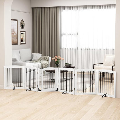 PUPETPO Freestanding Pet Gates with Walk Through Door, Dog Indoor Fence, Dog Gate for The House, Stairs, Extra Wide Pet Gate, Support Feet Included, 120 Inch Wide, 6 Panels 24" Tall, White & Black