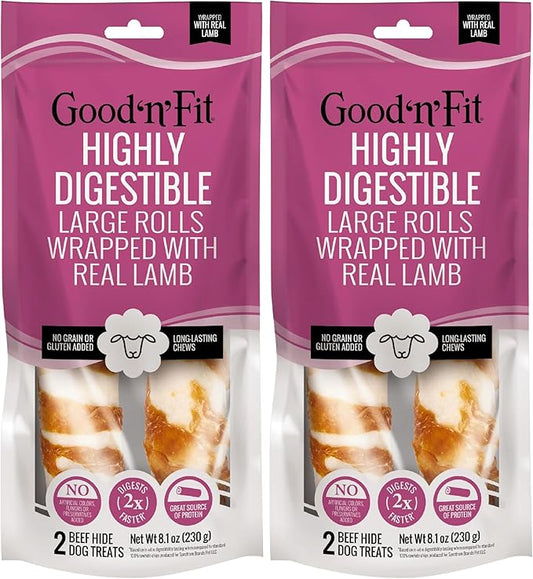 Good ‘n’ Fit Rolls Made with Real Lamb, 2 Large Rolls, Treat Your Dog to Long-Lasting and Highly Digestible Rawhide Chews (Pack of 2)