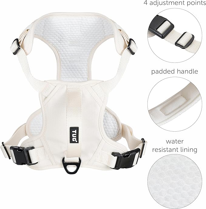 TUG Dog Harness with 2 Leash Connection Points | Adjustable, Padded, Lightweight | Handle on Back | No-Pull Front Clip (Medium, Cream)