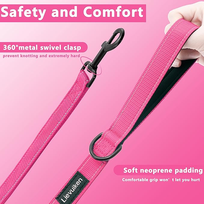Dog Leash 6.5ft Long, Double Handle Dog Leash for Safety Control Training, Heavy Duty Dog Leads with Traffic Padded Handles, Reflective Leashes for Small Medium Large Dogs(6.5ft, Hotpink)