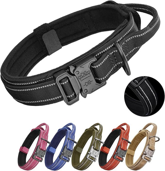 KCUCOP Tactical Dog Collar for Medium & Large Dogs - Military Nylon Heavy Duty Collar with Handle, Reflective Strip & Metal Buckle for Training, Outdoor (Black Reflective, Large)