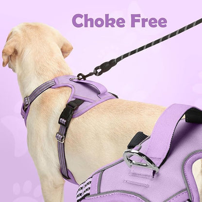 Funfox Dog Harness No Pull, Adjustable Pet Vest Harness, Super Soft Material with Vertical Handle Easy Control, Reflective Night Walking, 2 Leash Clips for Large Dogs, Purple, L
