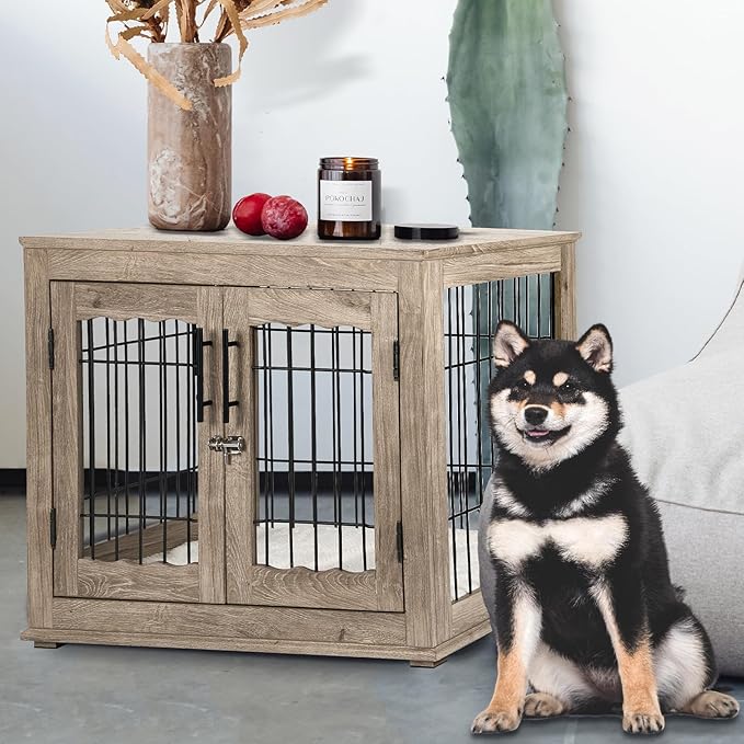 Upolana Dog Crate Furniture, 32 inch Medium Dog Crates with Bed Mat, Wooden Dog Kennel Furniture, End Side Table Dog Cage with 3 Doors, Greige