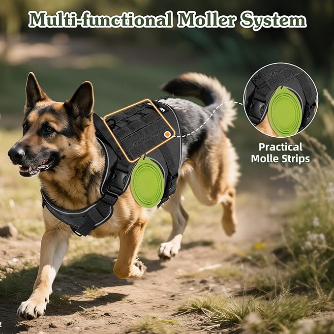 VavoPaw Heavy Duty Tactical Dog Harness for Large Dogs, No Pull Adjustable Pet Harness Reflective Service Training Easy Control Pet Vest Military K9 Working Dog Harnesses, Black, M