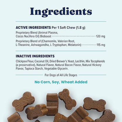 Solid Gold Calming Chews for Dogs - Dog Calming Chews w/Melatonin for Separation, Stress & Hyperactivity Relief - Supports Relaxation for Travel, Fireworks & Storms - All Ages & Sizes - Bacon 120ct