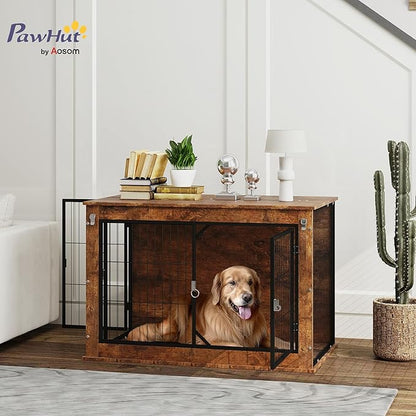 PawHut 39" Dog Crate Furniture with Flip-up Top Opening, Decorative Dog Kennel Furniture Side Table with 2 Doors for Large Breeds, Rustic Brown