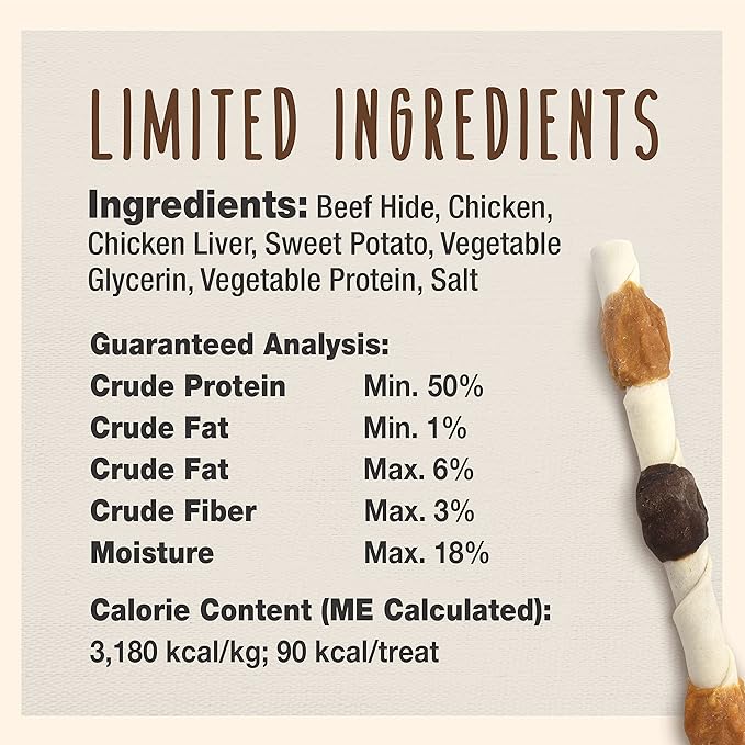 Cadet Gourmet X-Large Triple-Flavored Beef Hide Shish Kabob Dog Treats - Healthy & Natural Chicken, Liver, and Sweet Potato Dog Treats for Dogs Over 30 Lbs., 10 in. (15 Count)