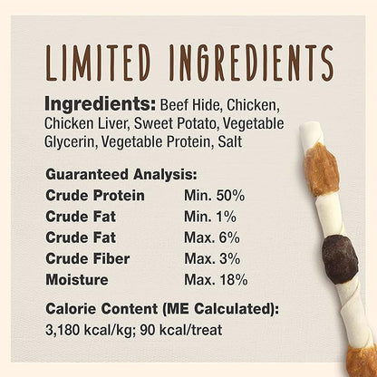 Cadet Gourmet X-Large Triple-Flavored Beef Hide Shish Kabob Dog Treats - Healthy & Natural Chicken, Liver, and Sweet Potato Dog Treats for Dogs Over 30 Lbs., 10 in. (15 Count)