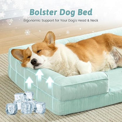 Cooling Dog Bed for Medium Small Size Dogs, Q-Max >0.4 Summer Cool Orthopedic Foam Pet Sofa Bed with Sides, Bolster Anti-Slip Couch with Washable Removable Cover, M 30x20x6 inch, Green
