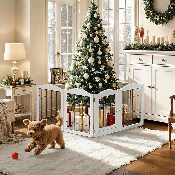 Bonnlo Freestanding Dog Gate, 24" H Pet Gate with 4 Panel Walk Through Door, Foldable Dog Safety Fence for Stairs Doorways Fireplace Up to 146'' Wide (White, 24" H-4 Panels with Door)