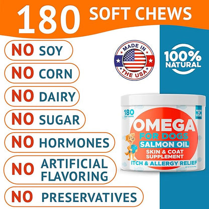 Omega 3 Fish Oil for Dogs (180Ct) - Skin&Coat Chews - Dry & Itchy Skin Relief + Allergy Support - Shiny Coat - EPA&DHA Fatty Acids - Salmon Oil Chews Promotes Heart - Peanut