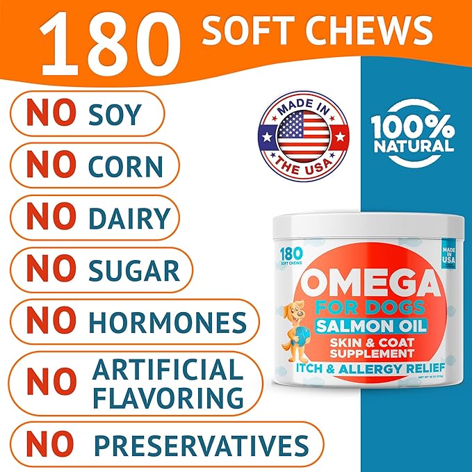 Omega 3 Fish Oil for Dogs (360Ct) - Skin&Coat Chews - Dry & Itchy Skin Relief + Allergy Support - Shiny Coat - EPA&DHA Fatty Acids - Salmon Oil Chews Promotes Heart, Hip & Joint Support
