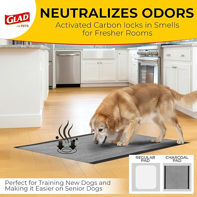 Glad for Pets Extra Large Charcoal Dog Training Pads, Absorbent Leak Proof Pee Pads for Dogs and Puppies, Odor Control Potty Pads with Activated Carbon, 28 x 30 Inches, 30 Count