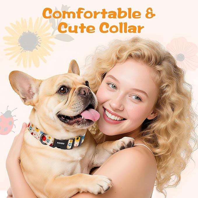 Kazazoo Dog Collar Cute and Soft Nylon Puppy Collar for Boy and Girl, Adjustable Dog Collars for Medium Large Dogs, Ladybugs and Flowers-L