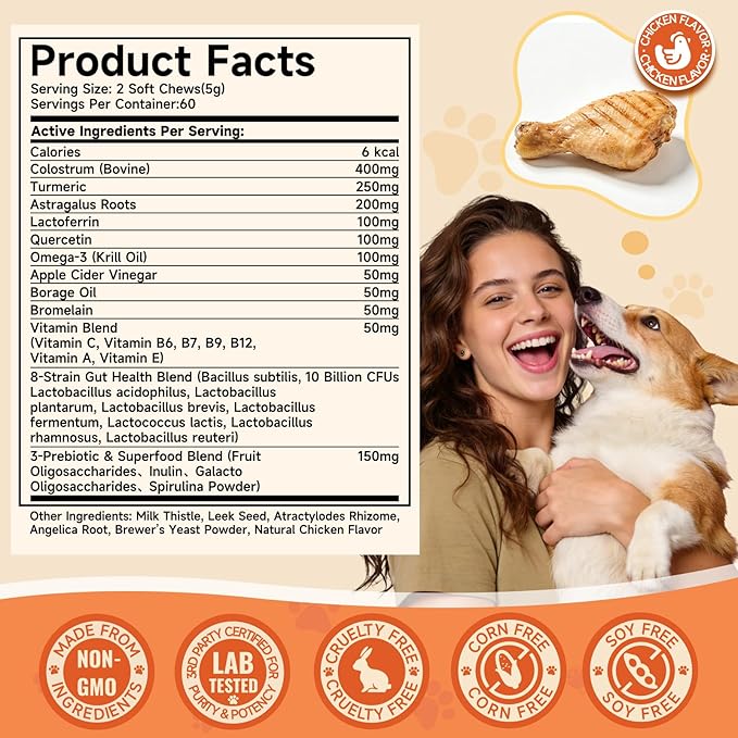 Dog Allergy Chews with Feeding Tweezers, Dog Probiotics for Itchy Skin and Ears, Bovine Colostrum, Lactoferrin and Multivitamins to Ssupport Immune Health for All Ages/Breeds, Chicken, 120 ct/300g