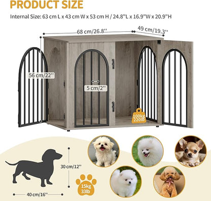 Hzuaneri 26.8'' Wooden Dog Crate Furniture, Indoor Dog Kennel Dogs Cage for Small Dogs, Heavy Duty Dog Crates Decorative Pet House End Side Table TV Stand, Greige DFC85505B