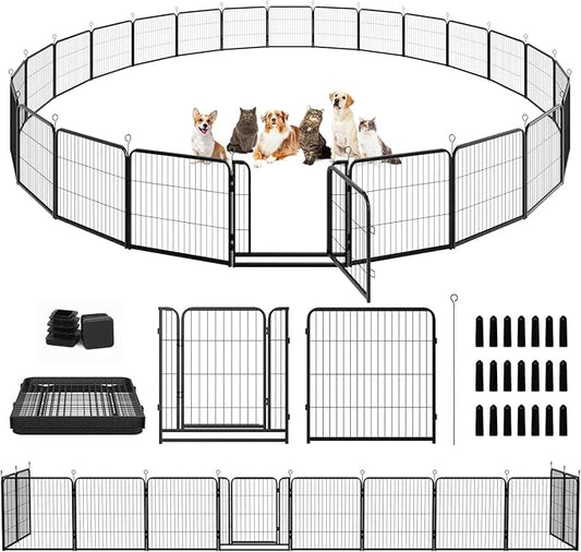 Kfvigoho Dog Playpen Outdoor Extra Wide 24 Panels Heavy Duty Dog Fence 32" Height Anti-Rust with Doors Portable for RV Camping Yard, Total 63FT, 316 Sq.ft, Snowy Black