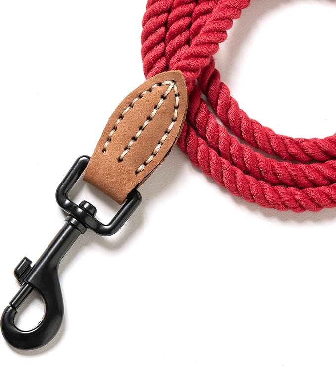 Mile High Life Dog Leash, Braided Cotton Rope Leashes with Leather Tip - Heavy Duty Metal Clasp, 6FT, 1/3" Thick - Wedding, Walking Leash for Small Medium Puppys(Red)