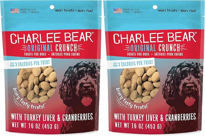 Charlee Bear Original Crunch Dog Treats,Turkey Liver and Cranberries Resealable Bag,Low Calorie Training Treats for Dogs,Limited Ingredient,Healthy,Crunchy Dog Snacks,Made in USA,16 Ounce (Pack of 2)