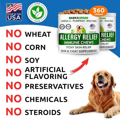 BARK&SPARK Dog Allergy Relief Soft Chews for Skin Health & Seasonal Allergies - Anti-Itch Supplement w/Omega-3, Quercetin & Bromelain Immune Treats for Dry Skin & Hot Spots - Chicken Liver - 360ct