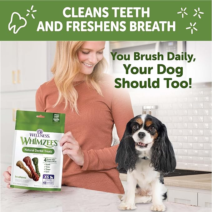 Wellness WHIMZEES Brushzees Dog Dental Treats,Extra Small Size Stick,48 Count (Pack of 2)