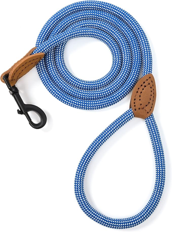 Mile High Life Rope Leash with Genuine Leather Connection, 6 FT/5 FT/4 FT, Heavy Duty Leash for Medium & Large Dogs (Blue White, 72 Inch)