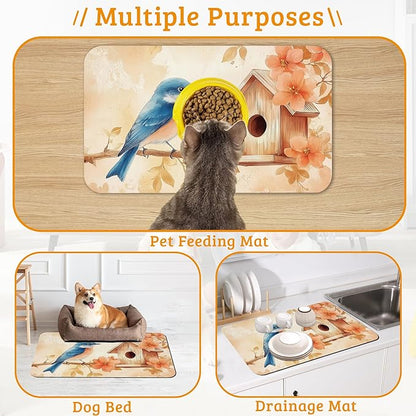 Dog Bowl Mat,Blue Bird Pet Feeding Mat for Floors Waterproof,Fall Leaves Absorbent Dogs Placemat for Food and Water Quick Dry Pet Cat Feeding Mats with Non Slip Bottom 16" x 24"