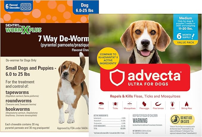 WORM X PLUS 7 Way DeWormer for Small Dogs 6-25 lbs (6 Count) + ADVECTA Flea and Tick Prevention for Medium Dogs 11-20 lbs (2 Count) Bundle