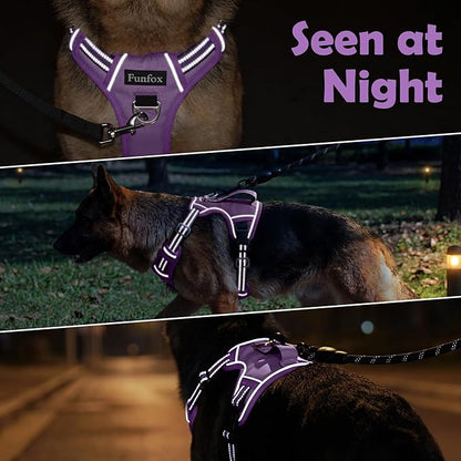 Funfox Dog Harness No Pull, Adjustable Pet Vest Harness, Super Soft Material with Vertical Handle Easy Control, Reflective Night Walking, 2 Leash Clips for Medium Sized Dogs, Purple, M