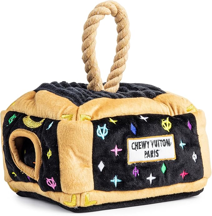 Haute Diggity Dog Chewy Vuiton Trunk Puzzle with 3 Plush Squeaky Dog Toys, Soft Durable Designer-Inspired Stuffed Puppy Chew Toys for Small & Medium Dogs, Machine-Washable (Black Monogram) One Size