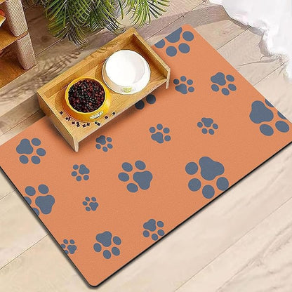 18"×30" Dog Food Mat-Absorbent Dog Mat for Food and Water, No Stains Quick Dry Cat Food Bowl Mat with Footprints for Messy Drinkers,Orange