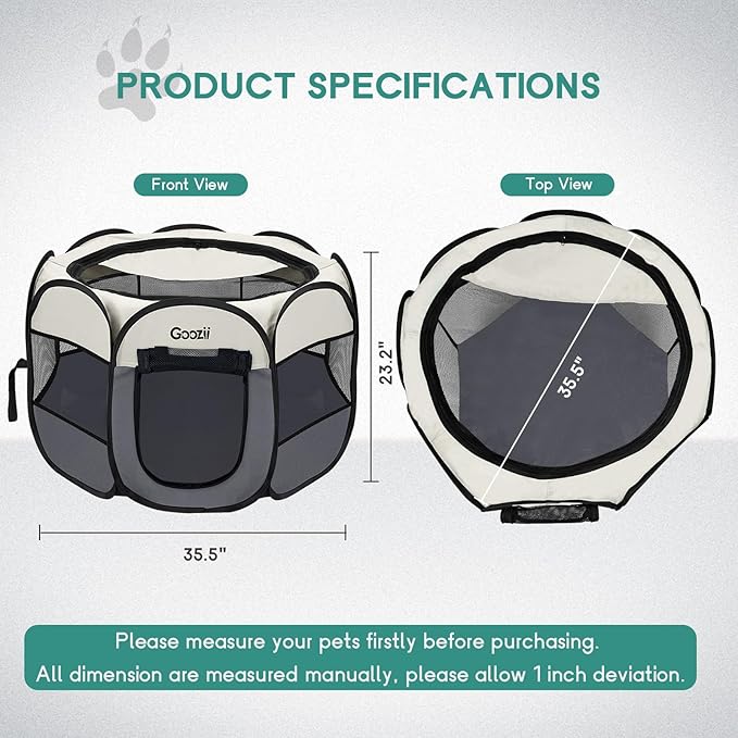 Goozii Pet Cat Playpen for Indoor Cats Enclosed, Puppy Dog Play Pen for Outdoor Travel Camping (Medium Size, Beige & Dark Grey)