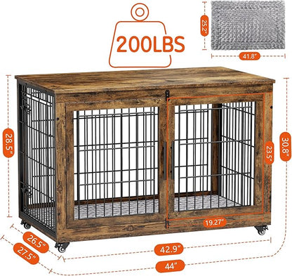 Lulive Dog Crate Furniture, XL Wooden Dog Kennel Indoor Double Doors Dog Cage, 44'' Heavy Duty Dog Crate with Cushion & Wheels, Decorative End Table Pet House Chew-Resistant for Large Dogs, Brown