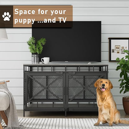 Dog Crate Furniture, Wooden Dog Kennel Table, Heavy Duty Large Indoor Dog House with Three Doors, 43" Large Size (Grey)
