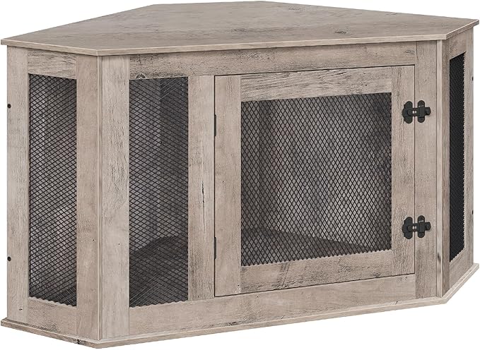 MAHANCRIS Corner Dog Crate Furniture, Wooden Dog Kennel End Table, Decorative Pet Crate Indoor Use, Furniture Style Dog House for Small Medium Dog, Dog Cage TV Stand, Greige and Black DCHG0801